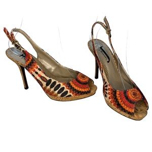 J Renee sz 6 peep toe, patterned, cork stiletto heel, ankle strap